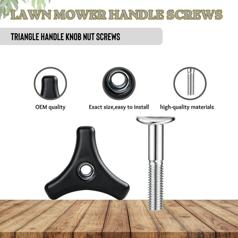 Universal Lawn Mower Handle Screws And Knobs Kit with triangle fasteners shown on wooden surface.