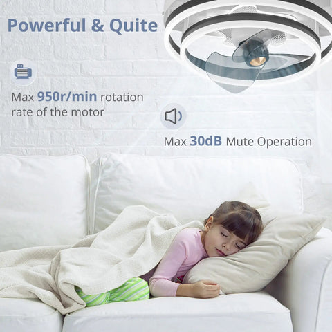 20 Inch Low Profile Ceiling Fan With Lights And Remote Bladeless Modern Oscillating Dimmable LED Stepless Color Change Six Speeds Quiet Energy Efficient Cool White Finish For Living Rooms over sleeping child on sofa with specifications.
