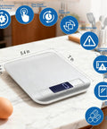 Stainless steel kitchen scale with backlit LCD displaying features, 0.1g accuracy, 11 lb and 5 kg capacity, on a counter.