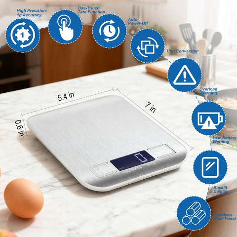 Stainless steel kitchen scale with backlit LCD displaying features, 0.1g accuracy, 11 lb and 5 kg capacity, on a counter.