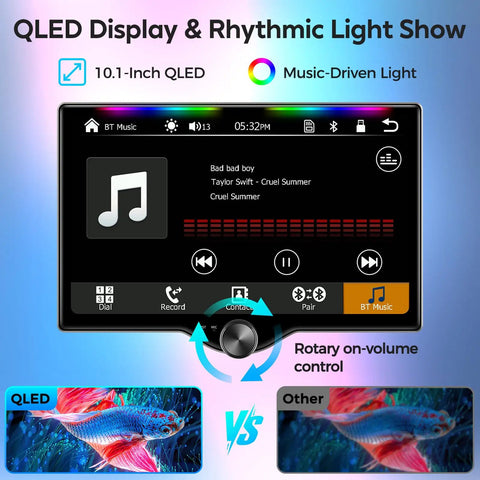 Dope 10.1 Inch QLED Double Din Car Stereo With Wireless CarPlay And Android Auto, Universal Fit, showing music display and lights