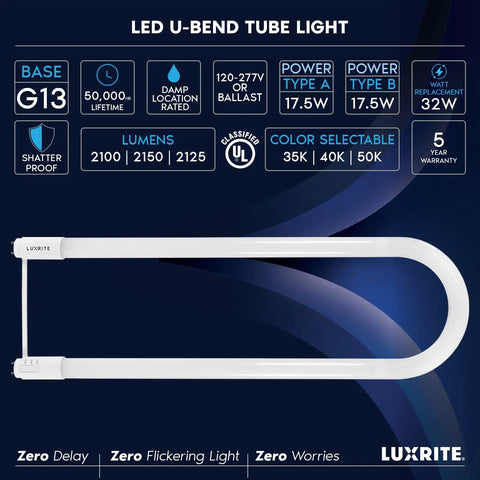 U Bend LED Tube Light For Fluorescent Replacement, 3 Color Temps 3500K 4000K 5000K, specifications image with G13 base