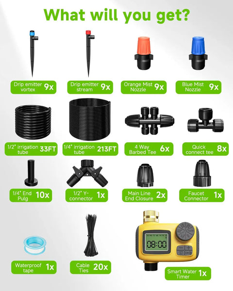 Component layout of Smart Drip Irrigation System With LCD Timer And 246 Foot Layout, Automatic Watering Kit showing parts