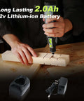 WORKPRO 12V cordless rotary tool with green accents drilling wood; includes 1 battery and 1 charger.