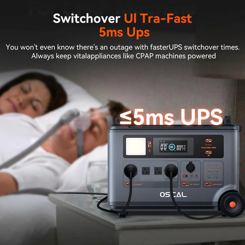Massive Portable Power Station With LiFePO4 Battery And 6000W AC Output Solar Generator Beast Mode in bedroom powering CPAP machine.
