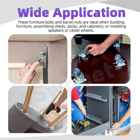 Four images showing usage of 40 Piece T Track Bolts Set in Five Sizes 1/4-20 Through 2 Inches for DIY furniture and cabinets.
