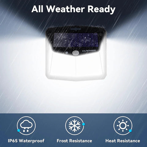 Outdoor Solar Motion Lights Four Pack With 128 LED, 270 Degree Wide Angle, IP65 Waterproof Security Flood Lights in rain