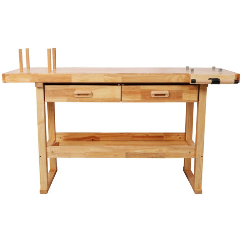 60 Inch Solid Rubberwood Workbench With Two Smooth Sliding Drawers And A Wide Open Bottom Shelf For Tidy Tool Storage And An Ultra Organized Workshop