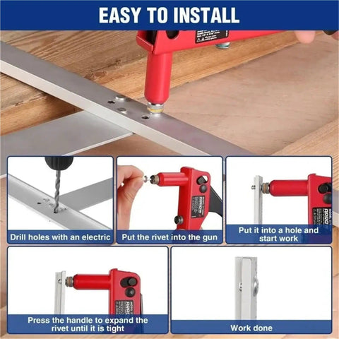 500Pcs Aluminum Blind Rivets Set Dome Head Pop Rivets For Metal And Plastic, Easy Install With Manual Or Pneumatic Riveting, No Fuss Vibration-Resistant Fasteners For DIY Auto And Sheet Metal Projects. shown in rivet gun installation steps