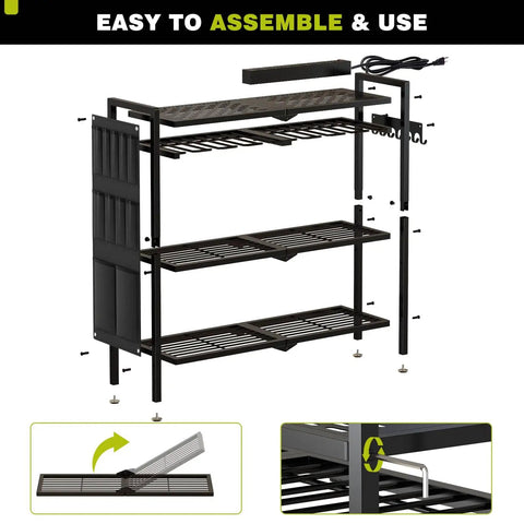 Assembly view of Power Tool Organizer Cart With Charging Station For 8 Drills Heavy Duty Standing Garage Storage Rack Utility Tool Shelf With Side Pockets Black Finish