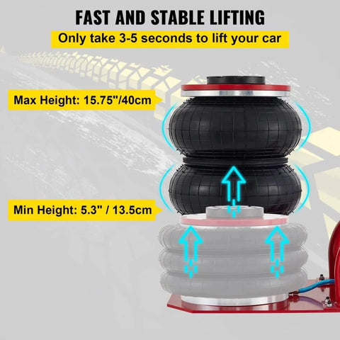 3 Ton Triple Bag Air Jack For Cars, Fast 5 Second Lift, 6600 Lbs Capacity, Lifts From 5.3 Inches To 15.75 Inches, Heavy Duty Pneumatic Car Lift With Short Handle, Red