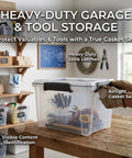 Hella Sturdy 19 Quart Stackable Storage Bin With Airtight Gasket Seal And Clear Body showcasing tools inside, heavy-duty design on wooden table.