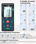328Ft Laser Distance Meter With Ft In M Switch showing unit conversion options and self-calibration settings on LCD.
