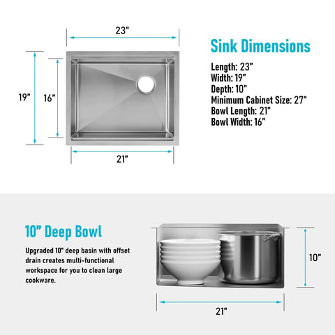 Diagram showing dimensions of Workstation Undermount Kitchen Sink 23x19 Inch Single Bowl 16 Gauge Stainless Steel Handmade With Integrated Ledge And Accessory Kit Including Bamboo Cutting Board Bottom Grid Colander Roll Up Rack And Drainer