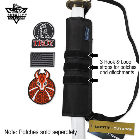 12 Inch Sword Frog Back Scabbard Sheath Made From Black Nylon Tactical Modular Loadout Gear with patches nearby