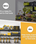 Before and after comparison of a garage with the Heavy Duty Wall Mounted Power Tool Organizer For Garage And Workshop, Metal Storage Rack with Drill and Cordless Tool Holder, Air Tool Rack, Screwdriver Pliers Hammer Slots, Holds 50 Plus Tools, Quick 15 Minute Assembly.