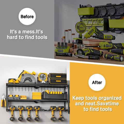 Before and after comparison of a garage with the Heavy Duty Wall Mounted Power Tool Organizer For Garage And Workshop, Metal Storage Rack with Drill and Cordless Tool Holder, Air Tool Rack, Screwdriver Pliers Hammer Slots, Holds 50 Plus Tools, Quick 15 Minute Assembly.