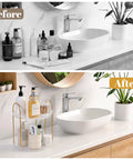 Comparison of bathroom counter before and after using 360 Degree Rotating Makeup Organizer Two Tier No Brainer Large Capacity Tray.