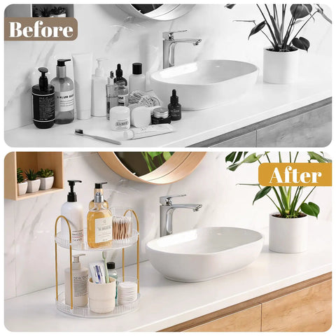 Comparison of bathroom counter before and after using 360 Degree Rotating Makeup Organizer Two Tier No Brainer Large Capacity Tray.