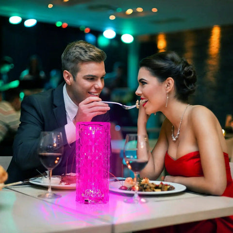 Crystal RGB Color Changing Table Lamp With Rose Diamond Design glowing pink on dining table with couple