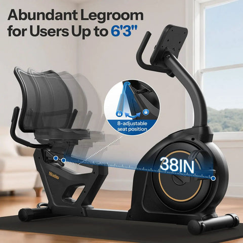 Recumbent Exercise Bike For Home Gym With Magnetic Resistance, adjustable seat, 38-inch legroom indicator, side view