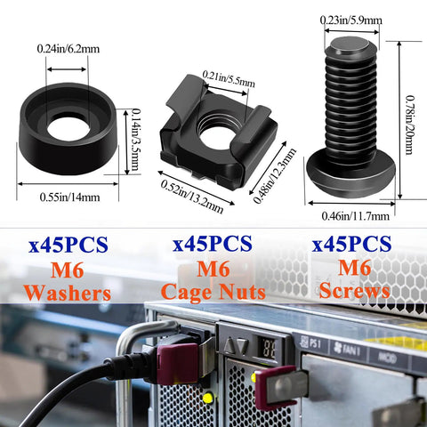M6 Rack Mount Screws Kit 45 Pack With Cage Nuts And Washers for Server Racks Cabinets Routers and Network Gear, black finish