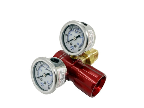 Red Anodized Aluminum Argon Regulator With 0 To 400 PSI Range High Flow 45 CFM Lightweight One Quarter Inch FNPT Outlet Dual Chrome Gauges