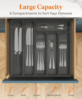 Sturdy Silverware Organizer With Lid For Drawer Or Countertop in open drawer with visible sections for knives, forks, and spoons.