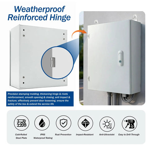 Weatherproof Steel Outdoor Junction Box With Locking Hasp IP66 Dustproof And Waterproof Enclosure 16 By 12 By 8 Inches
