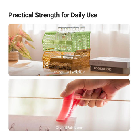 Colorful storage bins and a red clip showcasing practical strength for daily use in organization.