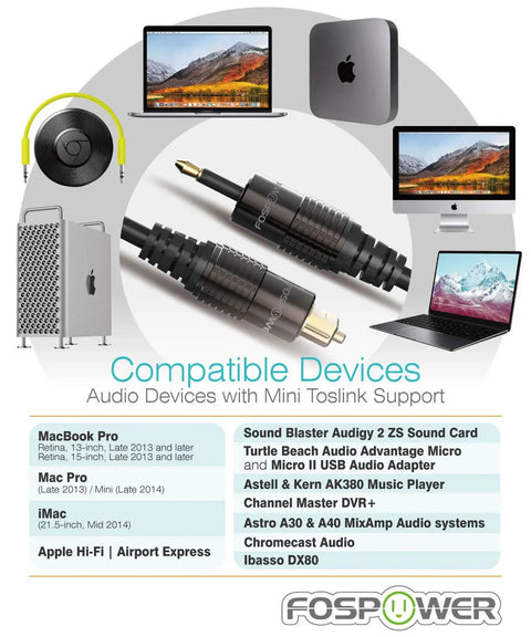 Pro Grade 24K Gold Plated Toslink To Mini Toslink Digital Audio Cable With Dead Simple Hookup, showing compatibility with Apple devices.