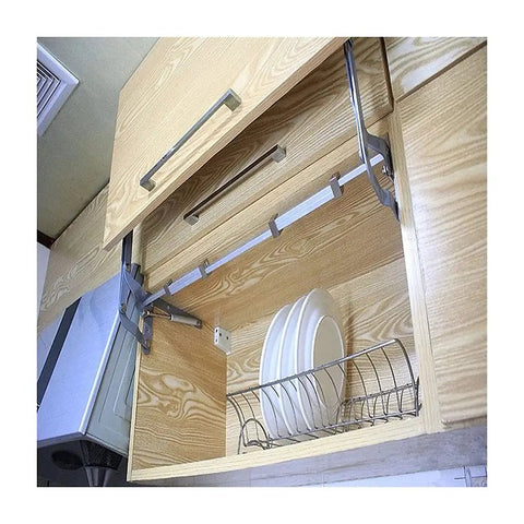 Workhorse Space Saving Translational Lift Up Hinge in open cabinet with plates inside, showcasing easy access and durable build.
