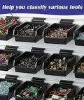 12 Pack Slatwall Bins With Hooks For Garage Or Workshop Organization Durable ABS Plastic Bins And Stainless Steel Hooks Set