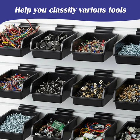 12 Pack Slatwall Bins With Hooks For Garage Or Workshop Organization Durable ABS Plastic Bins And Stainless Steel Hooks Set