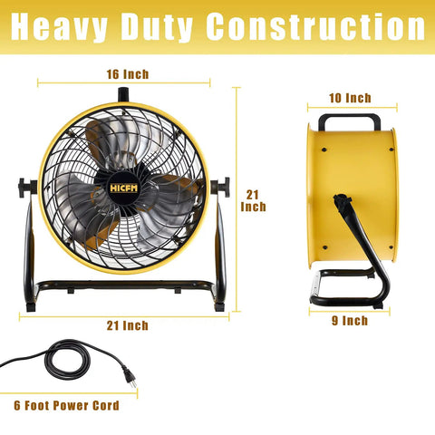 High Velocity Drum Air Circulator Fan With 2800 CFM Turbo Power, 360 Degree Pivoting Head, Side and Front View, 6-Foot Cord
