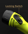 Close-up of locking switch on Neon Yellow LED Flashlight With Focused Narrow Beam And 420 Lumens Maxbright LED, Waterproof IPX8 Up To 100 Meters