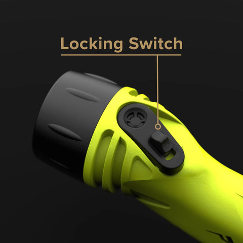 Close-up of locking switch on Neon Yellow LED Flashlight With Focused Narrow Beam And 420 Lumens Maxbright LED, Waterproof IPX8 Up To 100 Meters