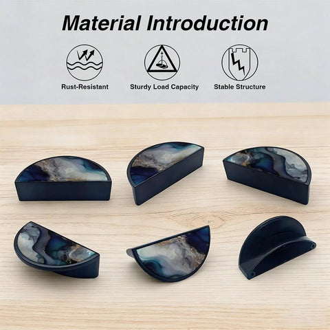 2 Pack Fluid Art Cabinet Pulls In Deep Blue White And Gold With Black Semicircle Drawer Handles, 3 Inch Center Hole, displayed on wood surface