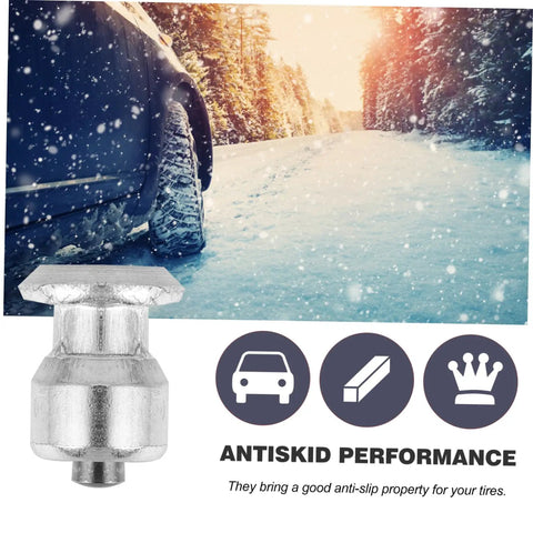 200 Piece Winter Tire Studs Heavy Duty Skid Screws Tungsten Snow Spikes For Vehicles in snowy road with tire close-up