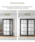 Bypass Pocket Door Hardware Kit 6 Foot 72 Inch Double Sliding System with aluminum track, open and closed view in closet.
