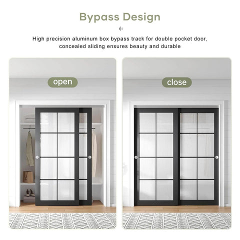 Bypass Pocket Door Hardware Kit 6 Foot 72 Inch Double Sliding System with aluminum track, open and closed view in closet.