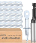 100 Piece 2 Inch Eye Lag Screws Featuring Self Tapping Drilling Points For Heavy Duty Construction And Home Reno Projects Includes Kickass Fastening Driver Bit For Quick No Sweat Installs displayed with packaging and driver bit.