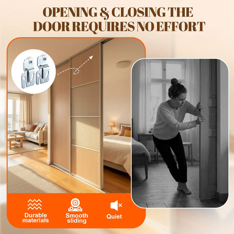 Sliding Closet Door Hardware Kit With Adjustable Floor Guide And Heightening Pads, 6-Piece Set installed on a wardrobe