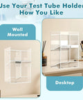 Clear Test Tube Rack With Four Compartments, Extra Bottom Storage Space And Two Pull Out Trays, Wall Mount Or Countertop Lab Organizer for lab use displayed as wall-mounted and desktop.
