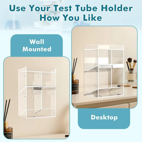 Clear Test Tube Rack With Four Compartments, Extra Bottom Storage Space And Two Pull Out Trays, Wall Mount Or Countertop Lab Organizer for lab use displayed as wall-mounted and desktop.