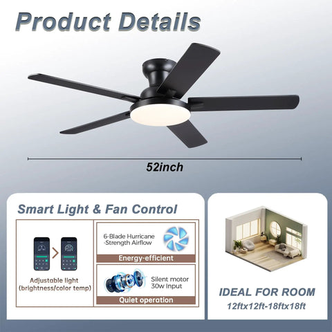Modern 52 Inch Low Profile Ceiling Fan With Nifty Smart App And Wireless Remote Boasting Reversible Five Blades For Killer Airflow And Dimmable 3CCT Led Lights showing its sleek design and 6 blades.