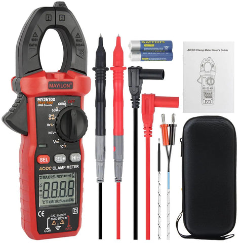 Rugged Digital Clamp Meter And Multimeter With TRMS 6000 Counts Auto Ranging, probes, batteries, manual, and case