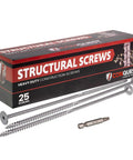 Pro Level Heavy Duty Structural Wood Screws Built Different Solid, 12 Inch Long Flat Head T30 Star Drive Carbon Steel Deck And Framing Fasteners With Driver Bit Included Pack Of 25 in packaging with three screws.