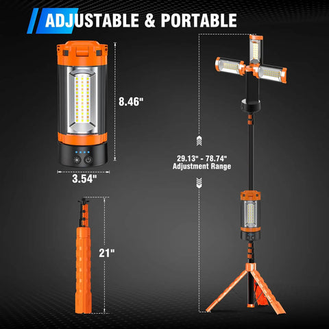 Rugged 12000mAh Camping Light With Stand Crazy Bright 10000 Lumen Dimmable Cordless Work Light With Three LED Heads Magnetic Flashlight