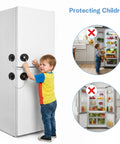 Child near fridge with Heavy Duty Refrigerator Locks With Keys 12 Pack Adhesive Fridge Locks For Kidproofing And Child Safety